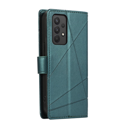 Samsung Galaxy A32 PU Genuine Leather Texture Embossed Line Phone Case with Card Wallet, Kickstand & Wrist Strap