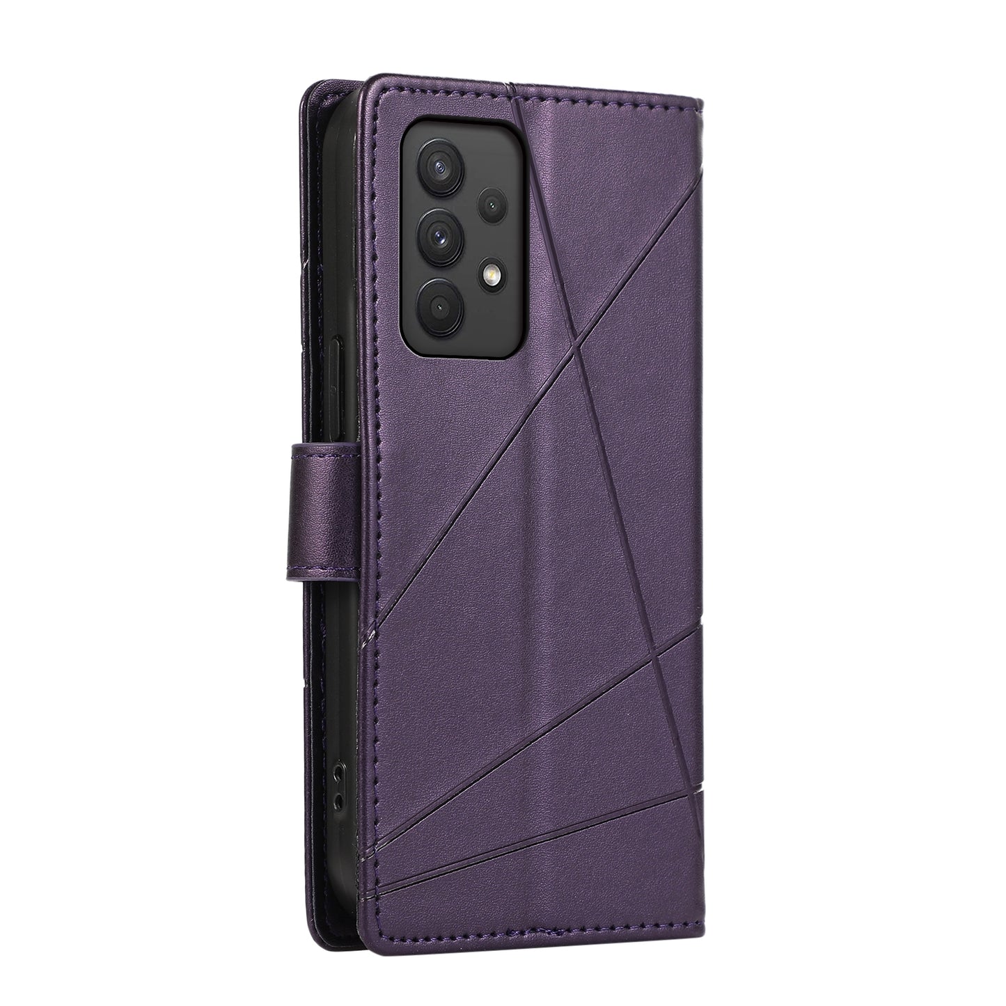 Samsung Galaxy A32 PU Genuine Leather Texture Embossed Line Phone Case with Card Wallet, Kickstand & Wrist Strap