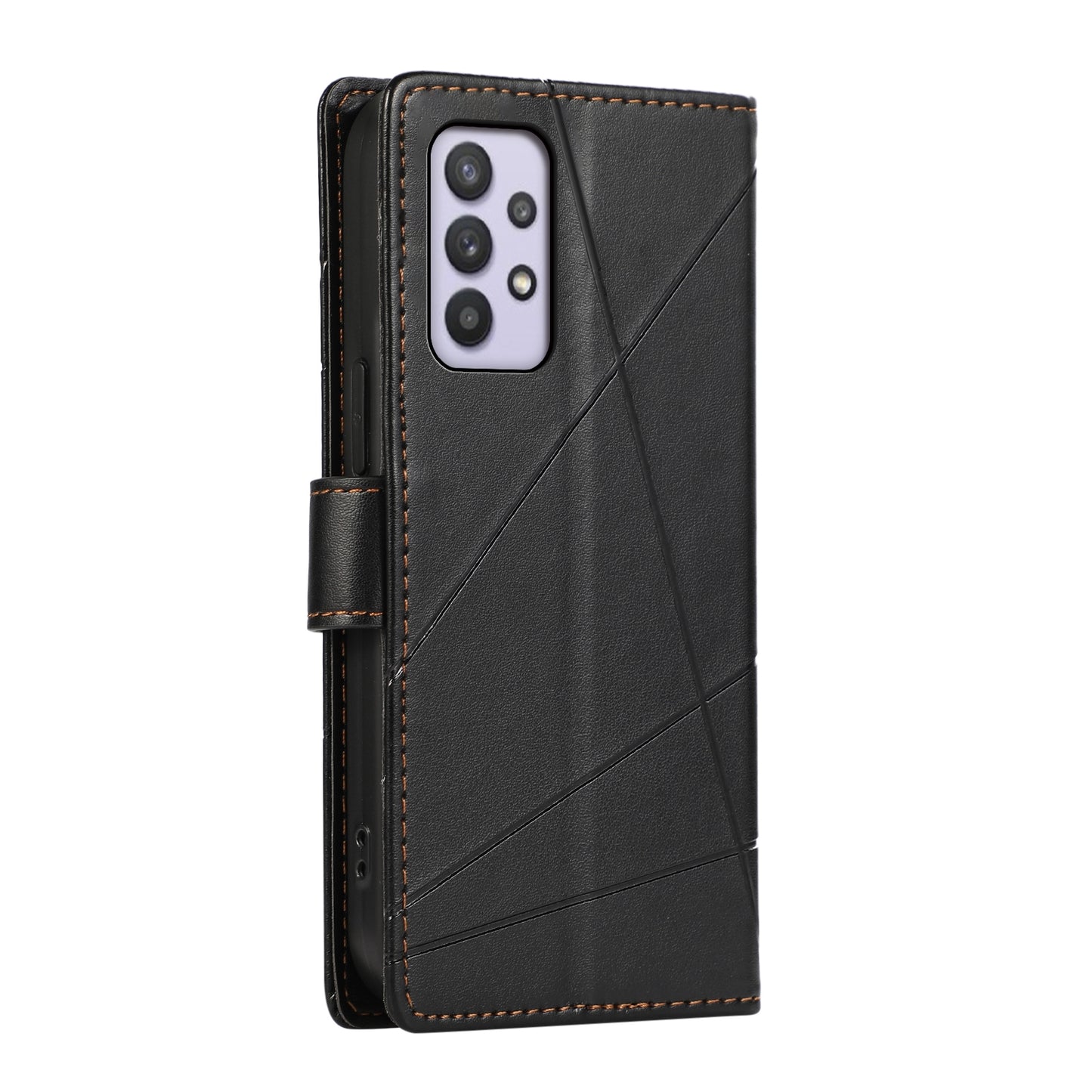 Samsung Galaxy A32 5G PU Genuine Leather Texture Embossed Line Phone Case with Card Wallet, Kickstand & Wrist Strap