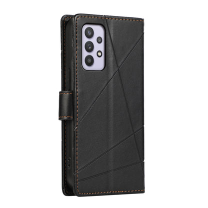 Samsung Galaxy A32 5G PU Genuine Leather Texture Embossed Line Phone Case with Card Wallet, Kickstand & Wrist Strap