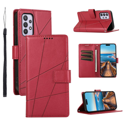 Samsung Galaxy A32 5G PU Genuine Leather Texture Embossed Line Phone Case with Card Wallet, Kickstand & Wrist Strap