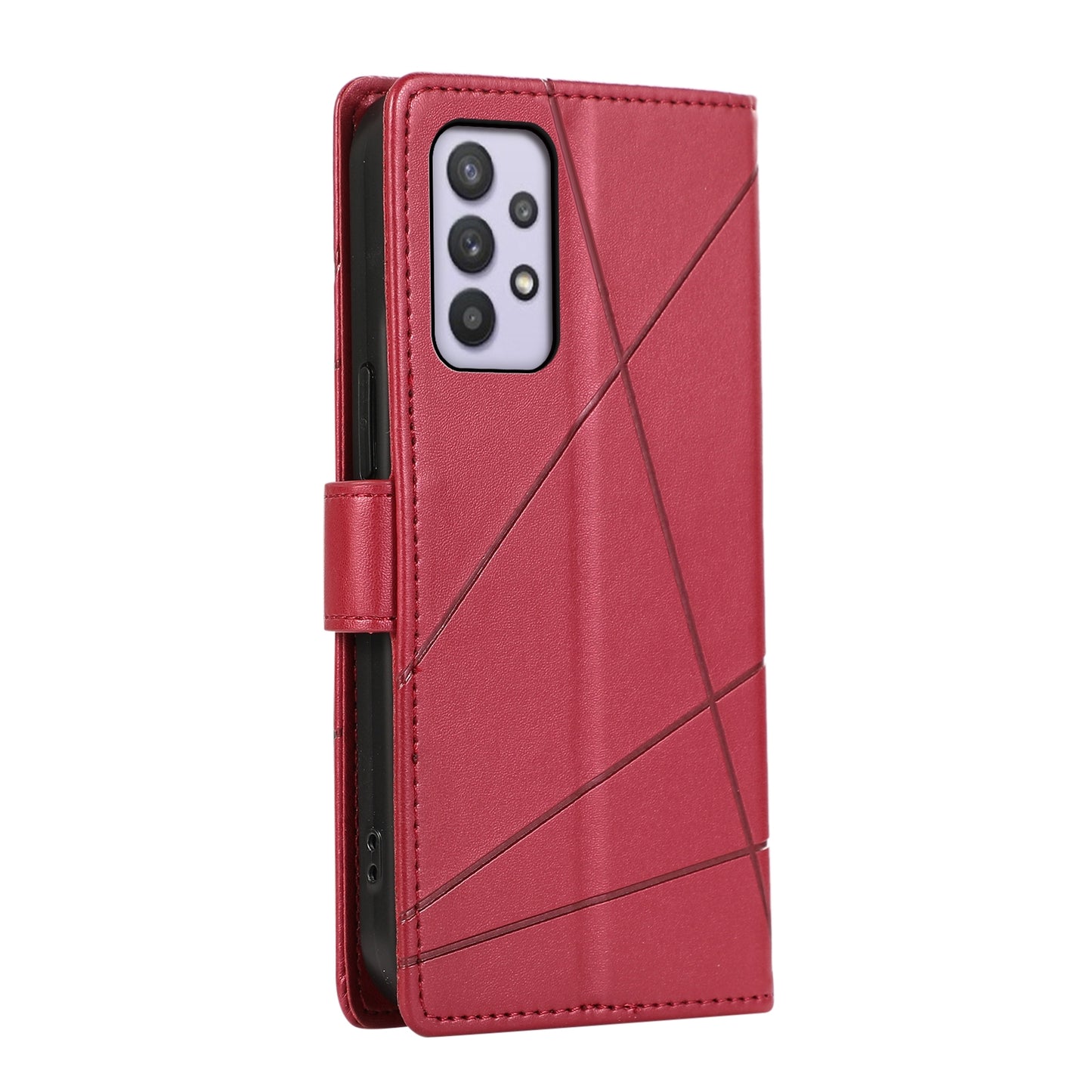 Samsung Galaxy A32 5G PU Genuine Leather Texture Embossed Line Phone Case with Card Wallet, Kickstand & Wrist Strap