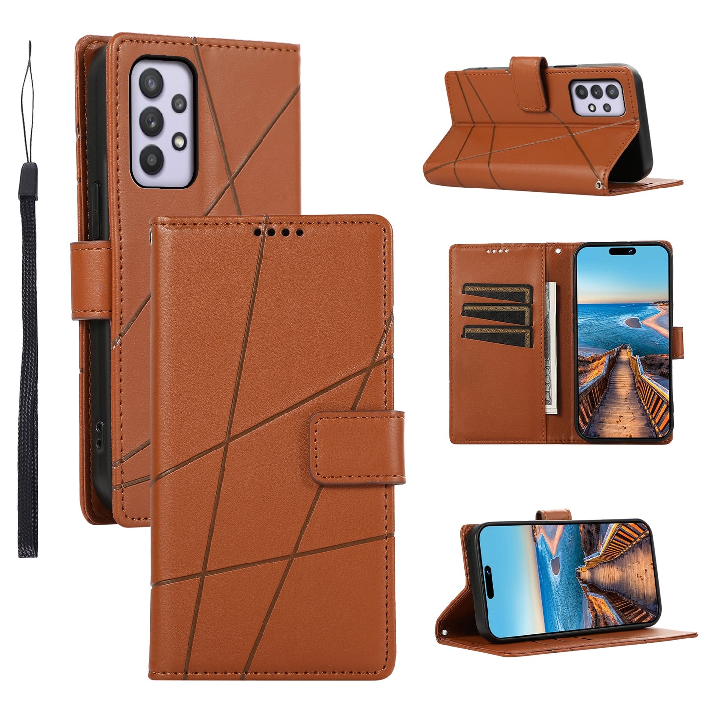Samsung Galaxy A32 5G PU Genuine Leather Texture Embossed Line Phone Case with Card Wallet, Kickstand & Wrist Strap