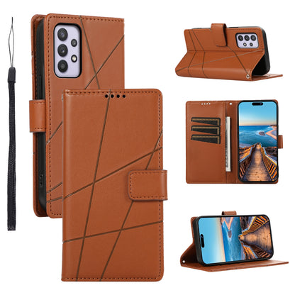 Samsung Galaxy A32 5G PU Genuine Leather Texture Embossed Line Phone Case with Card Wallet, Kickstand & Wrist Strap