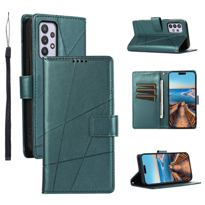Samsung Galaxy A32 5G PU Genuine Leather Texture Embossed Line Phone Case with Card Wallet, Kickstand & Wrist Strap