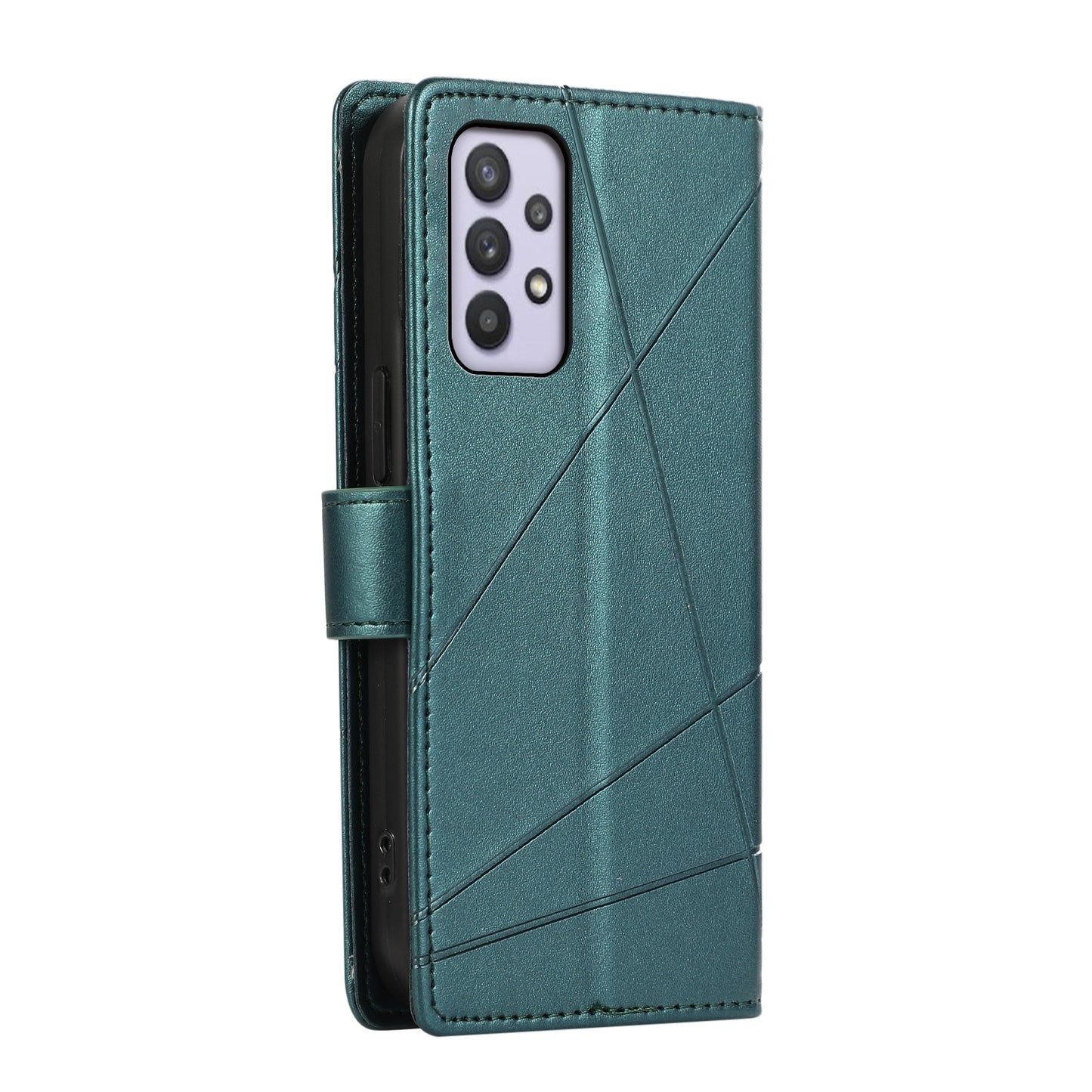 Samsung Galaxy A32 5G PU Genuine Leather Texture Embossed Line Phone Case with Card Wallet, Kickstand & Wrist Strap