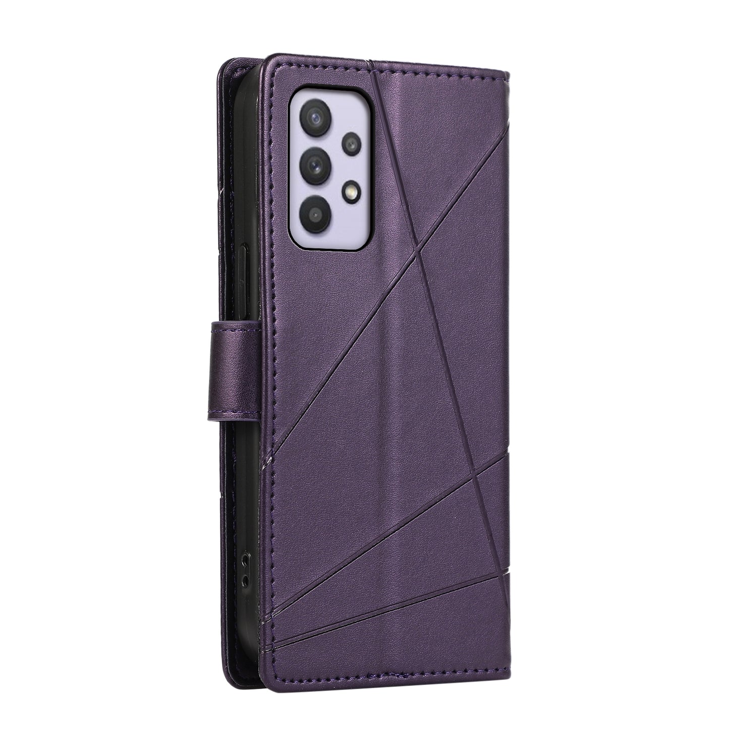 Samsung Galaxy A32 5G PU Genuine Leather Texture Embossed Line Phone Case with Card Wallet, Kickstand & Wrist Strap
