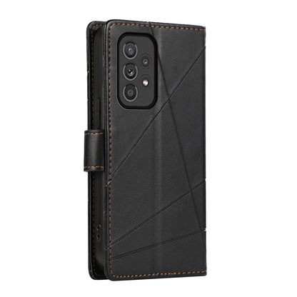 Samsung Galaxy A33 5G PU Genuine Leather Texture Embossed Line Phone Case with Card Wallet, Kickstand & Wrist Strap