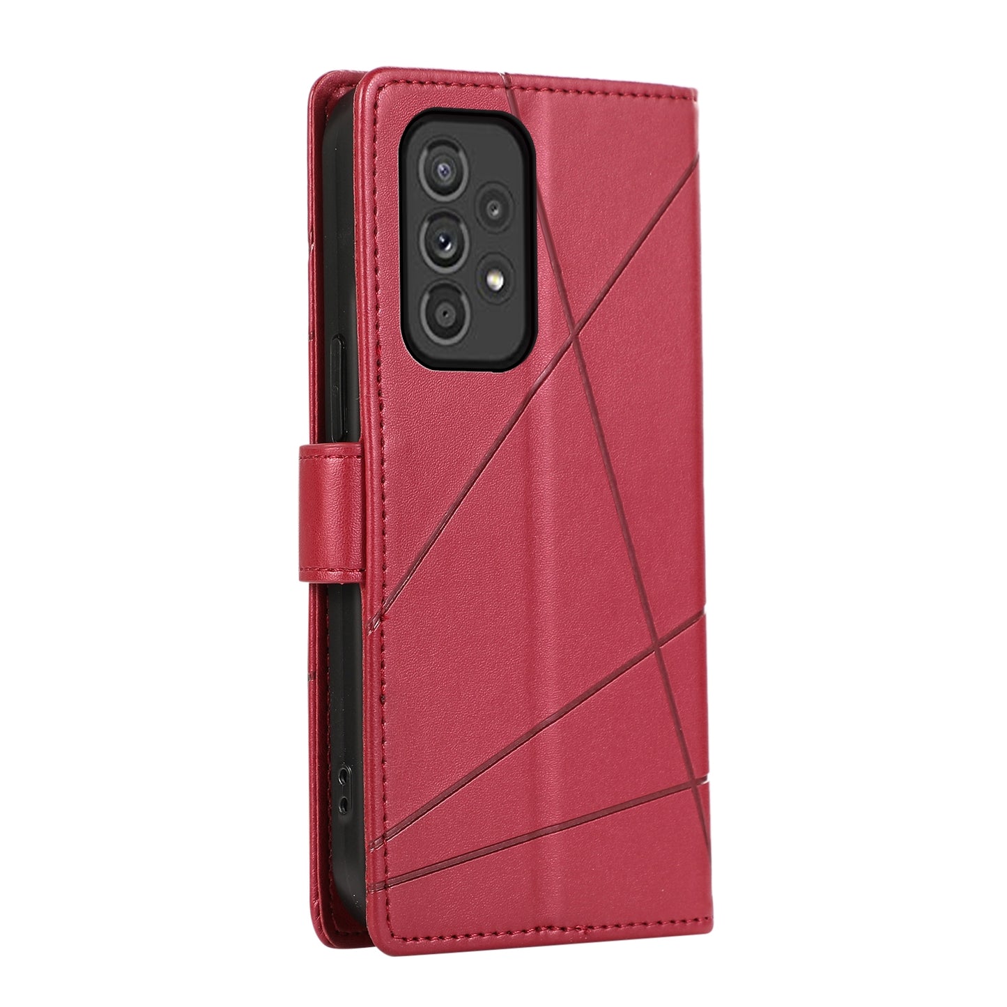 Samsung Galaxy A33 5G PU Genuine Leather Texture Embossed Line Phone Case with Card Wallet, Kickstand & Wrist Strap