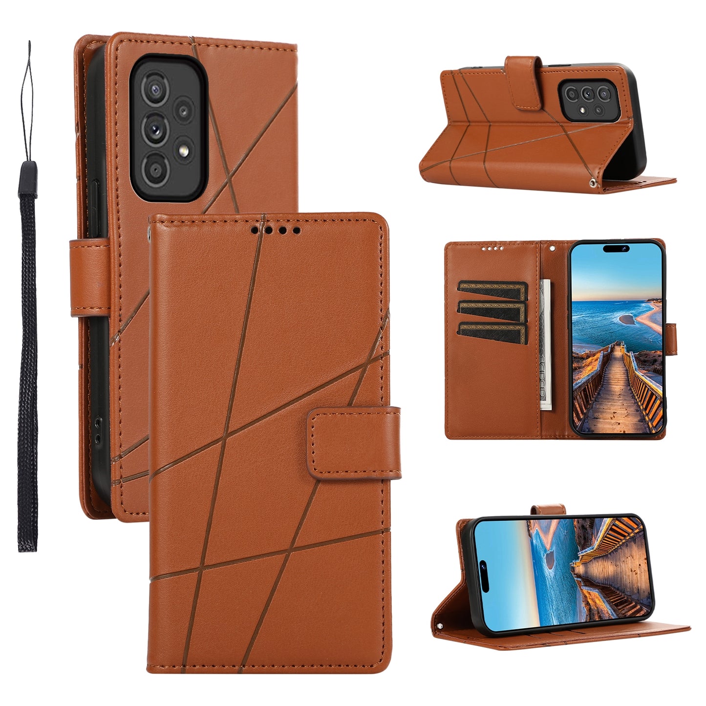 Samsung Galaxy A33 5G PU Genuine Leather Texture Embossed Line Phone Case with Card Wallet, Kickstand & Wrist Strap
