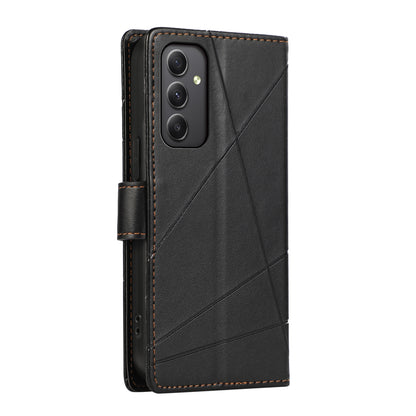 Samsung Galaxy A34 5G PU Genuine Leather Texture Embossed Line Phone Case with Card Wallet, Kickstand & Wrist Strap
