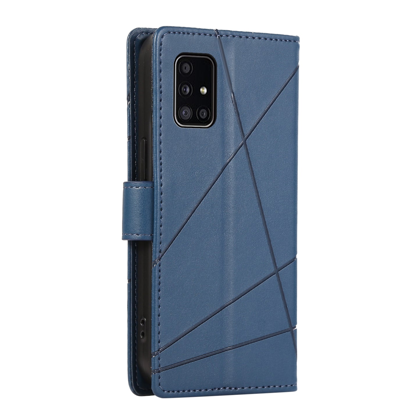 Samsung Galaxy A51 4G PU Genuine Leather Texture Embossed Line Phone Case with Card Wallet, Kickstand & Wrist Strap