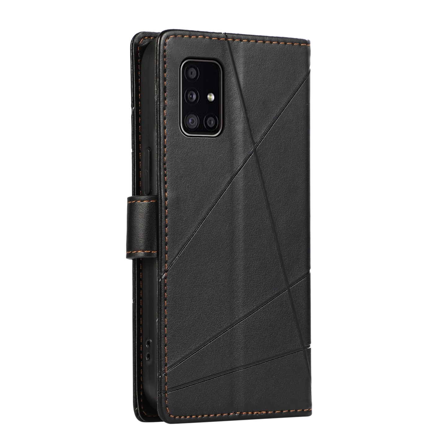 Samsung Galaxy A51 4G PU Genuine Leather Texture Embossed Line Phone Case with Card Wallet, Kickstand & Wrist Strap