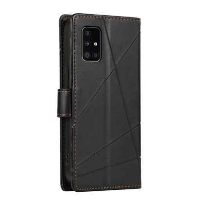 Samsung Galaxy A51 4G PU Genuine Leather Texture Embossed Line Phone Case with Card Wallet, Kickstand & Wrist Strap