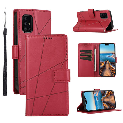 Samsung Galaxy A51 4G PU Genuine Leather Texture Embossed Line Phone Case with Card Wallet, Kickstand & Wrist Strap