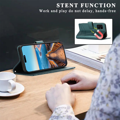 Samsung Galaxy A51 4G PU Genuine Leather Texture Embossed Line Phone Case with Card Wallet, Kickstand & Wrist Strap