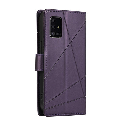 Samsung Galaxy A51 4G PU Genuine Leather Texture Embossed Line Phone Case with Card Wallet, Kickstand & Wrist Strap