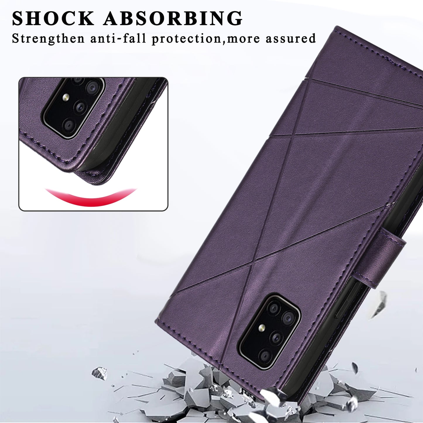 Samsung Galaxy A51 4G PU Genuine Leather Texture Embossed Line Phone Case with Card Wallet, Kickstand & Wrist Strap