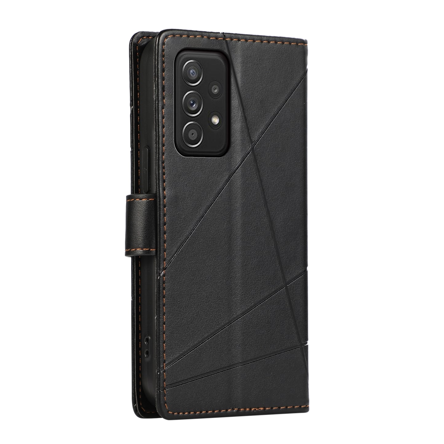 Samsung Galaxy A52 5G PU Genuine Leather Texture Embossed Line Phone Case with Card Wallet, Kickstand & Wrist Strap