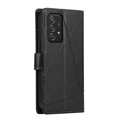 Samsung Galaxy A52 5G PU Genuine Leather Texture Embossed Line Phone Case with Card Wallet, Kickstand & Wrist Strap