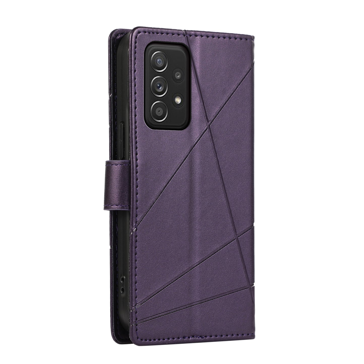 Samsung Galaxy A52 5G PU Genuine Leather Texture Embossed Line Phone Case with Card Wallet, Kickstand & Wrist Strap
