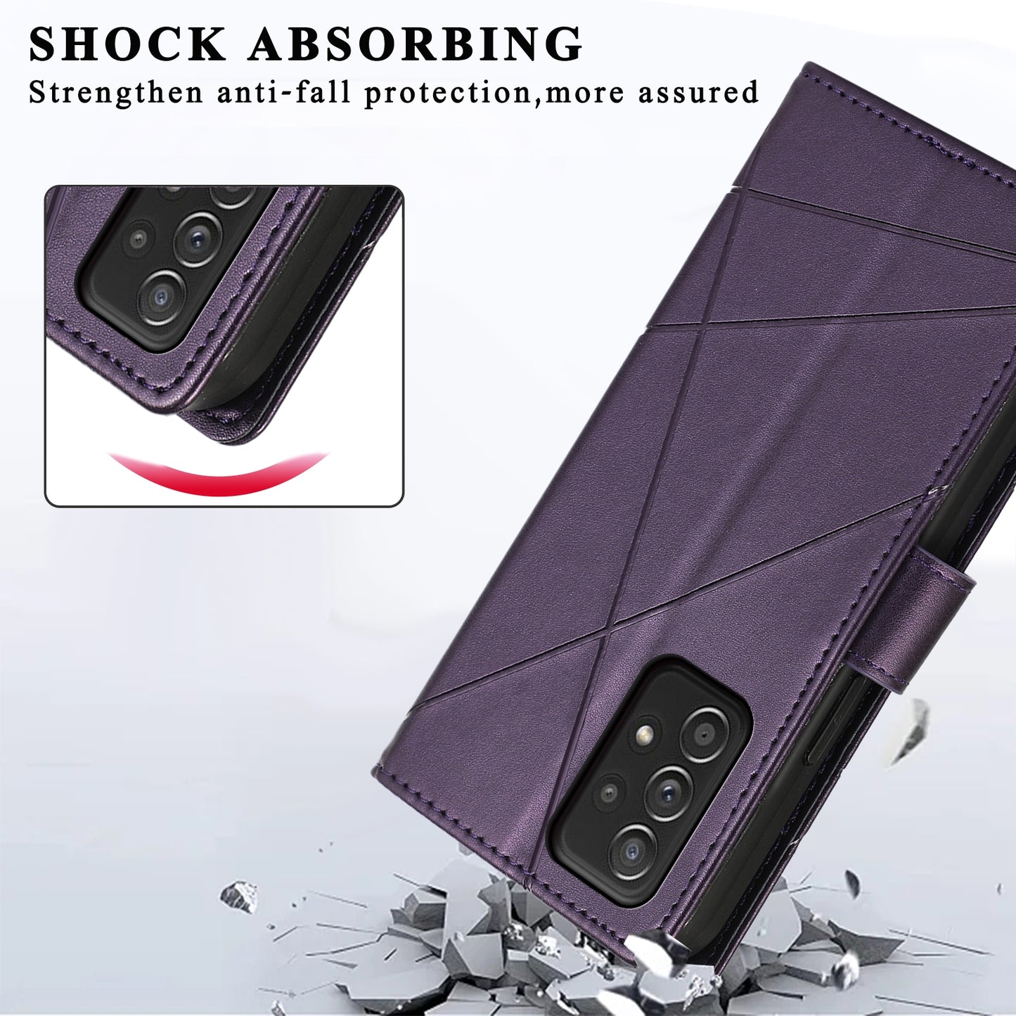 Samsung Galaxy A52 5G PU Genuine Leather Texture Embossed Line Phone Case with Card Wallet, Kickstand & Wrist Strap