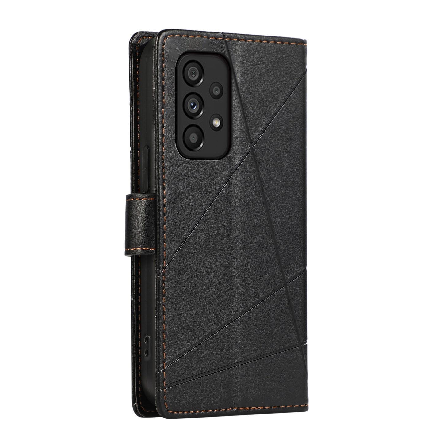 Samsung Galaxy A53 5G PU Genuine Leather Texture Embossed Line Phone Case with Card Wallet, Kickstand & Wrist Strap