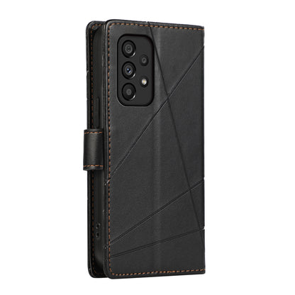 Samsung Galaxy A53 5G PU Genuine Leather Texture Embossed Line Phone Case with Card Wallet, Kickstand & Wrist Strap