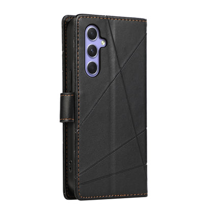 Samsung Galaxy A54 5G PU Genuine Leather Texture Embossed Line Phone Case with Card Wallet, Kickstand & Wrist Strap