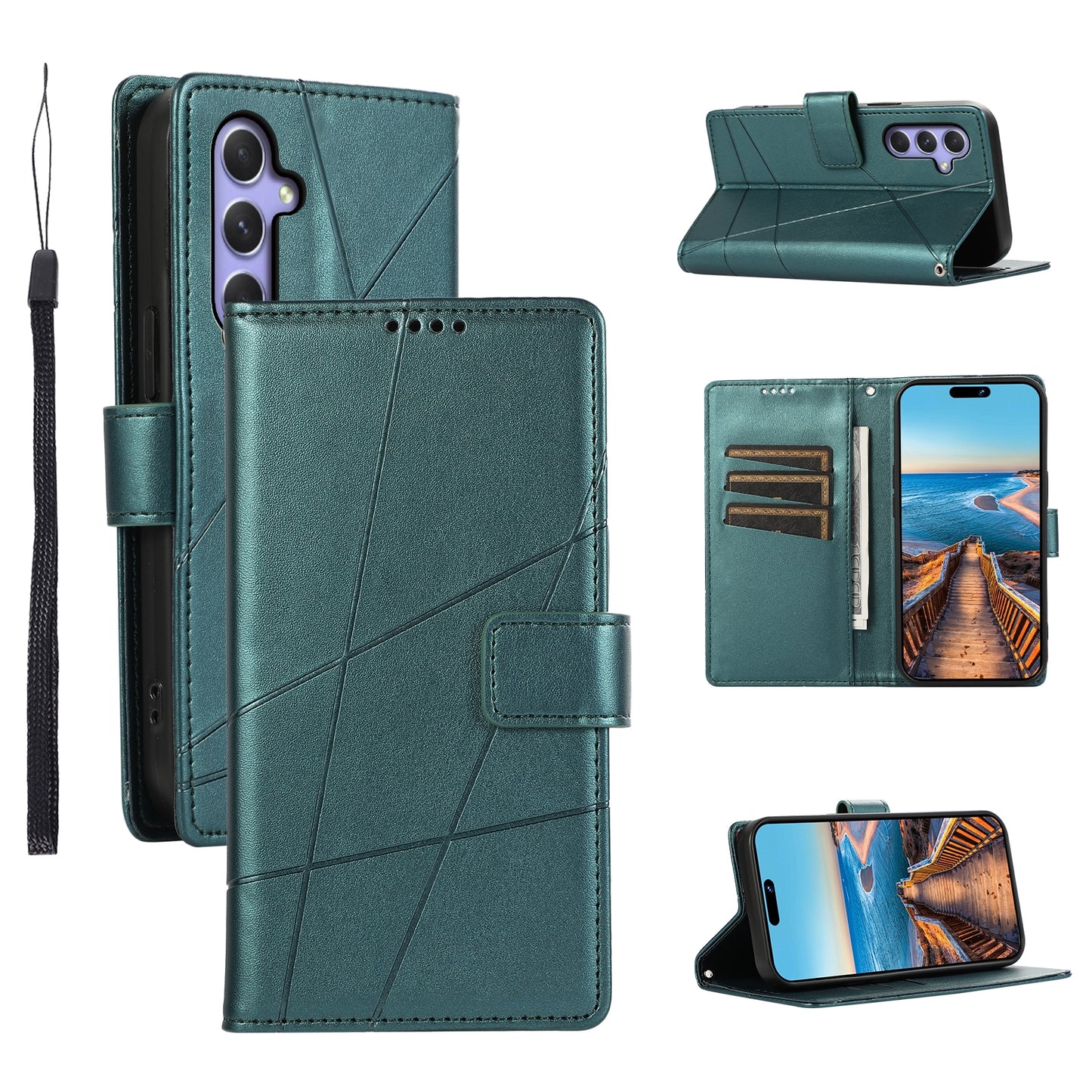 Samsung Galaxy A54 5G PU Genuine Leather Texture Embossed Line Phone Case with Card Wallet, Kickstand & Wrist Strap