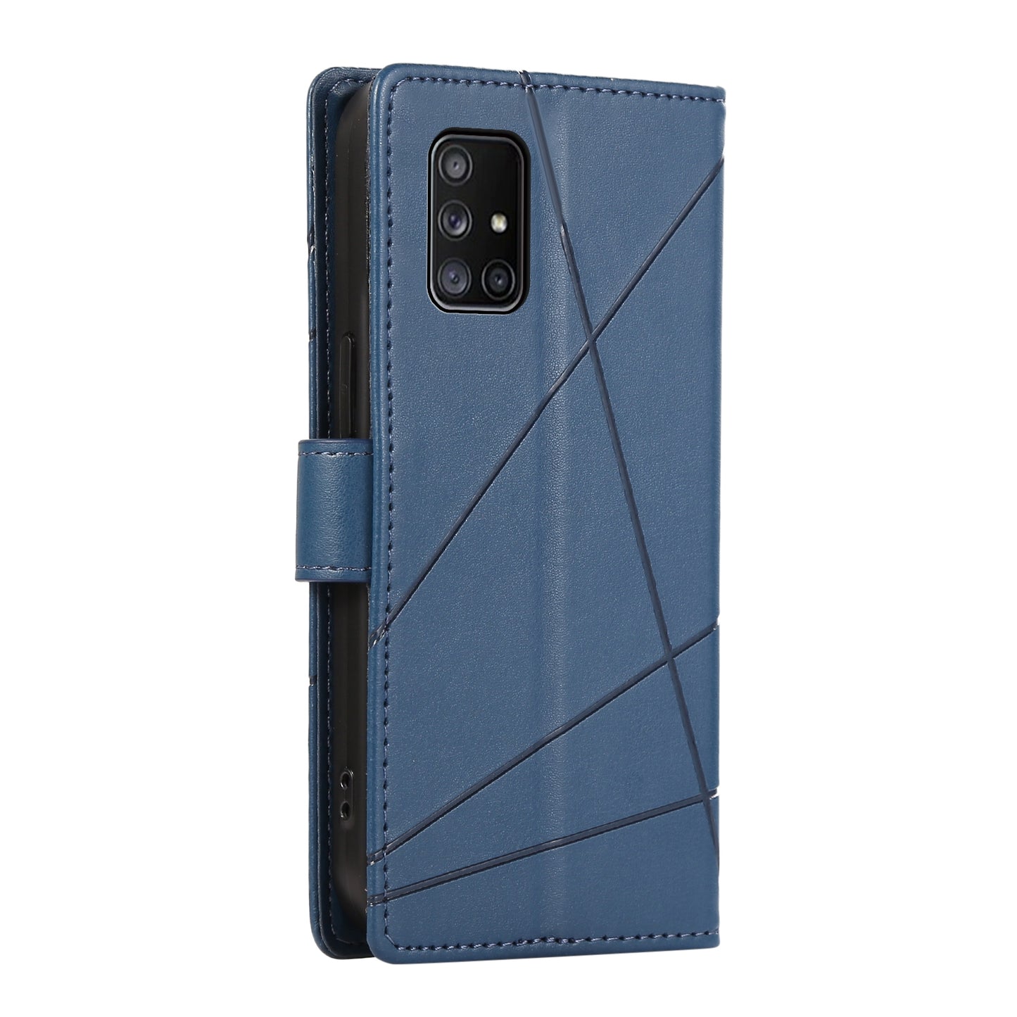Samsung Galaxy A71 4G PU Genuine Leather Texture Embossed Line Phone Case with Card Wallet, Kickstand & Wrist Strap