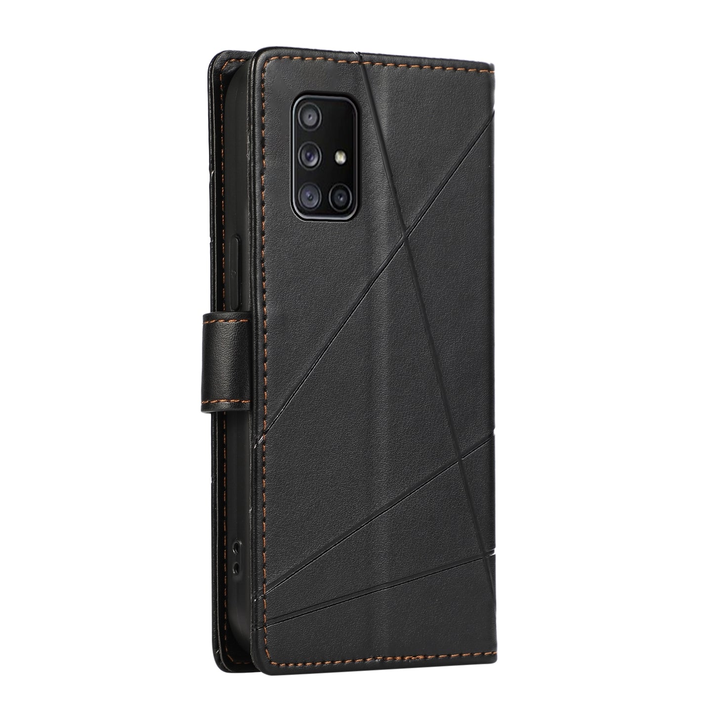 Samsung Galaxy A71 4G PU Genuine Leather Texture Embossed Line Phone Case with Card Wallet, Kickstand & Wrist Strap