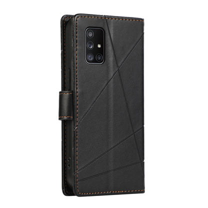 Samsung Galaxy A71 4G PU Genuine Leather Texture Embossed Line Phone Case with Card Wallet, Kickstand & Wrist Strap
