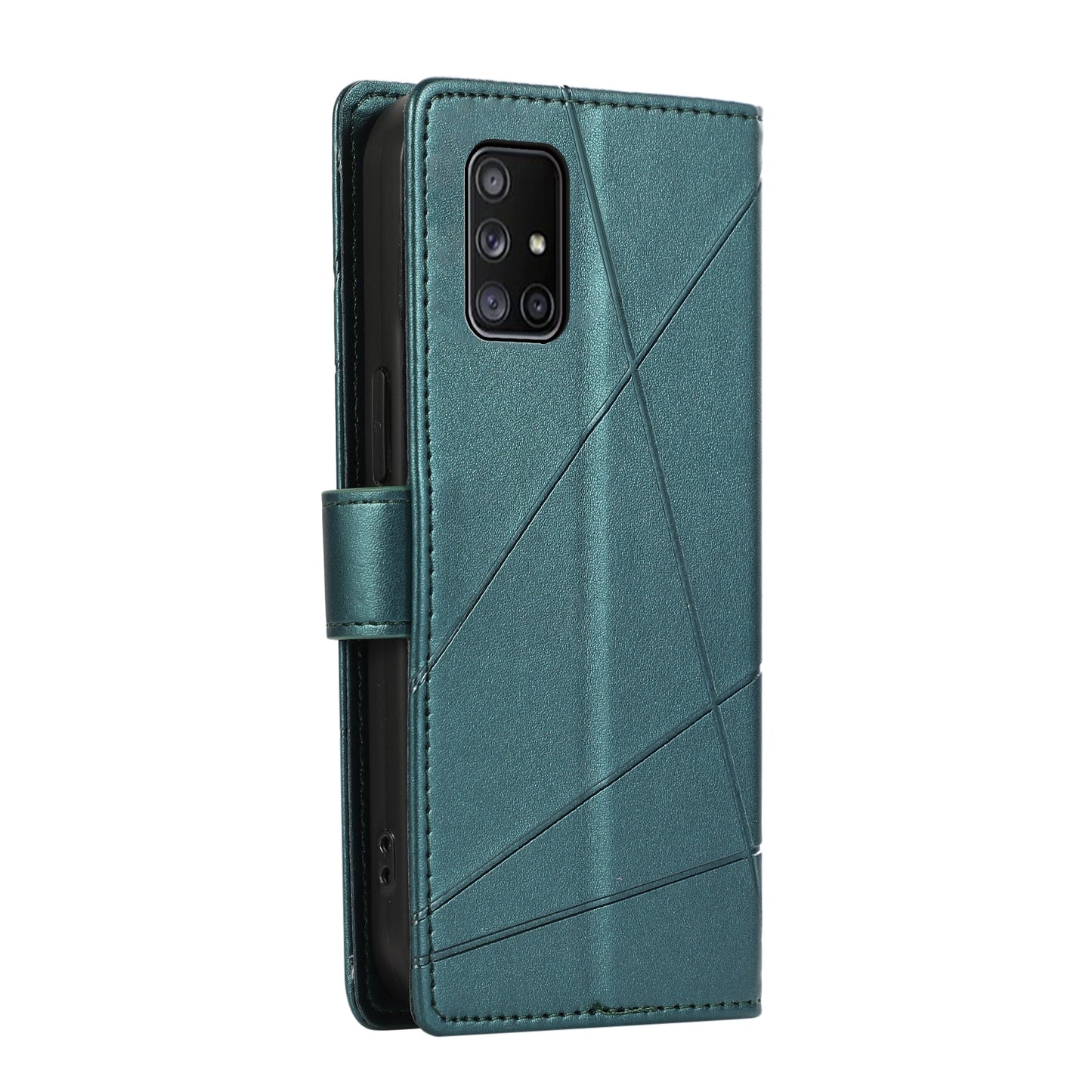 Samsung Galaxy A71 4G PU Genuine Leather Texture Embossed Line Phone Case with Card Wallet, Kickstand & Wrist Strap