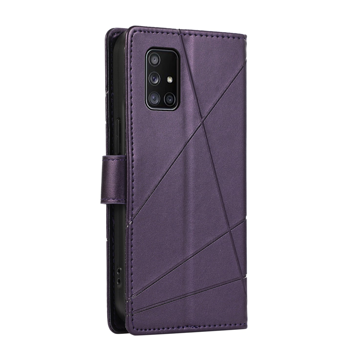 Samsung Galaxy A71 4G PU Genuine Leather Texture Embossed Line Phone Case with Card Wallet, Kickstand & Wrist Strap