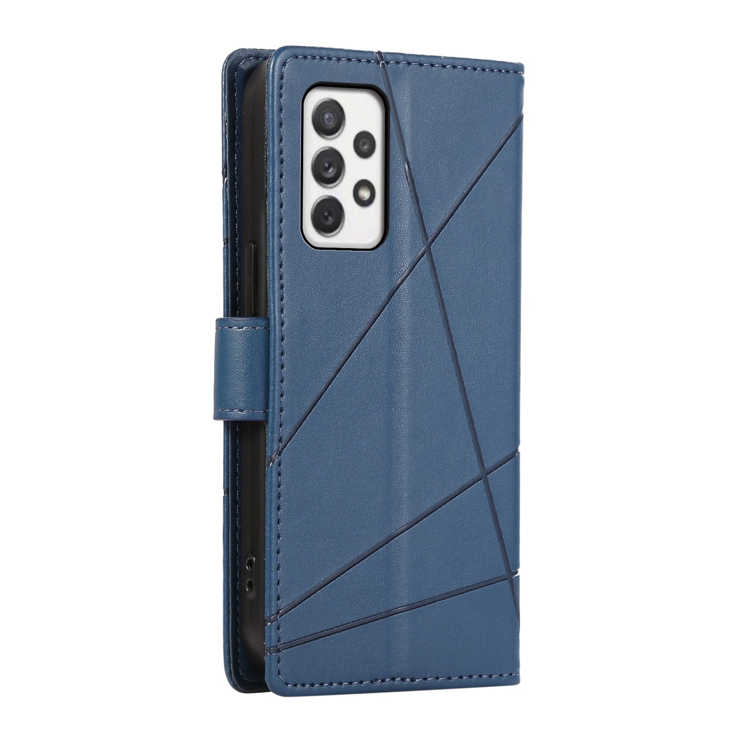 Samsung Galaxy A72 5G PU Genuine Leather Texture Embossed Line Phone Case with Card Wallet, Kickstand & Wrist Strap
