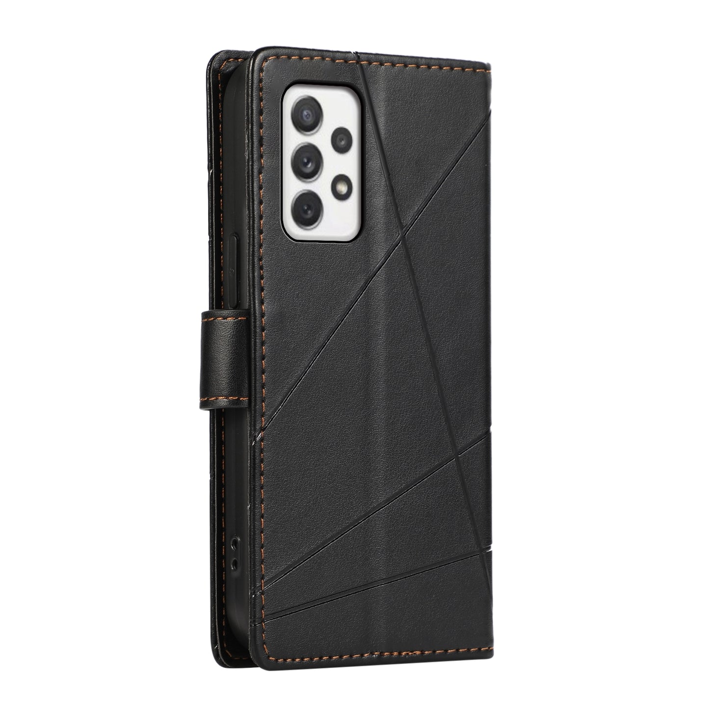 Samsung Galaxy A72 5G PU Genuine Leather Texture Embossed Line Phone Case with Card Wallet, Kickstand & Wrist Strap
