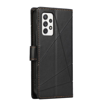 Samsung Galaxy A72 5G PU Genuine Leather Texture Embossed Line Phone Case with Card Wallet, Kickstand & Wrist Strap