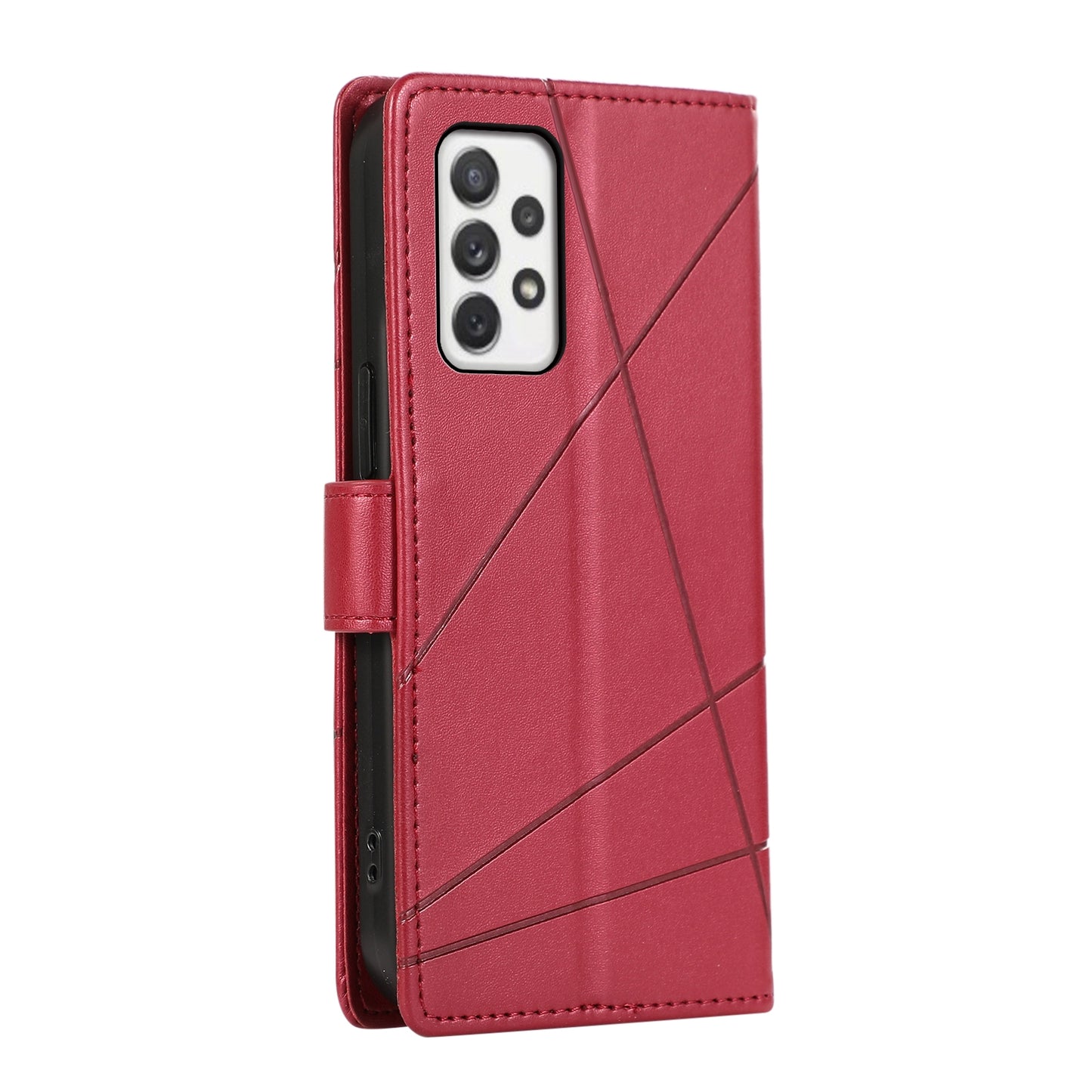 Samsung Galaxy A72 5G PU Genuine Leather Texture Embossed Line Phone Case with Card Wallet, Kickstand & Wrist Strap