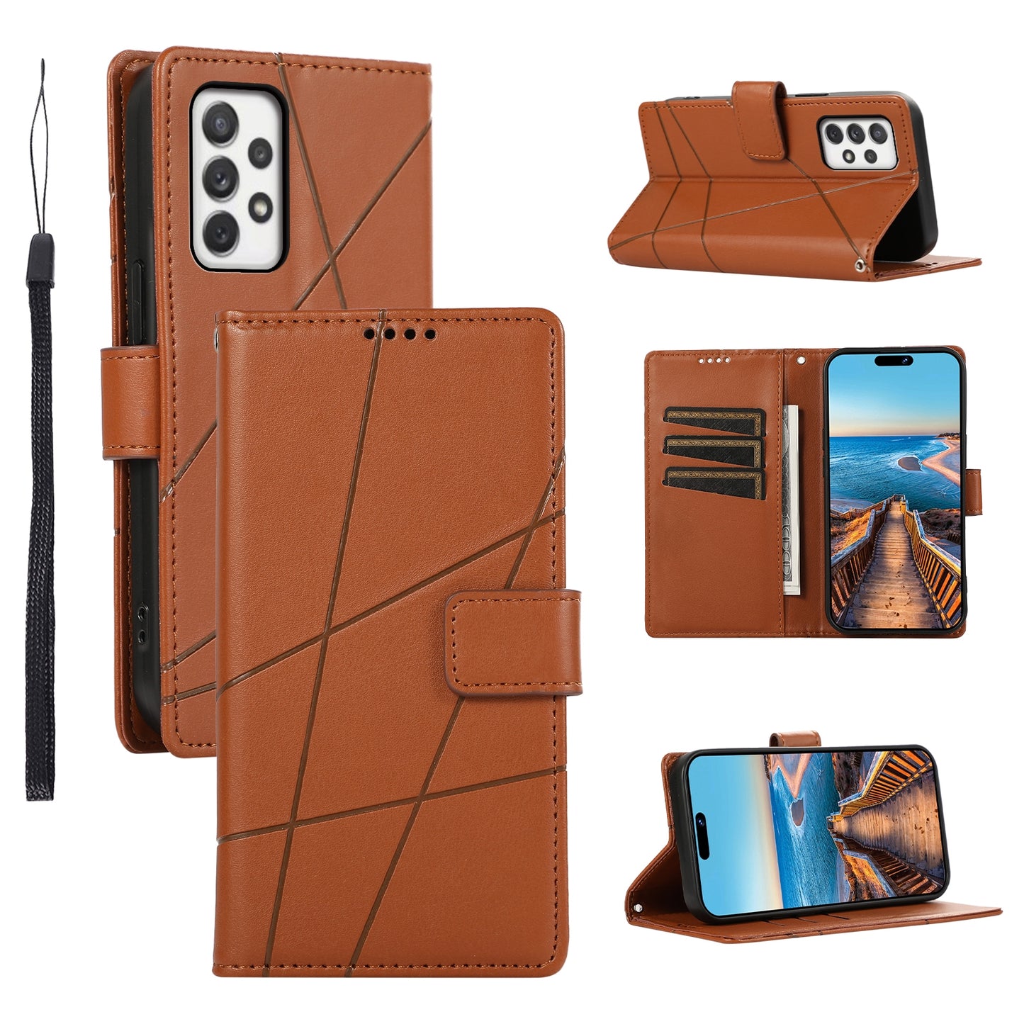 Samsung Galaxy A72 5G PU Genuine Leather Texture Embossed Line Phone Case with Card Wallet, Kickstand & Wrist Strap