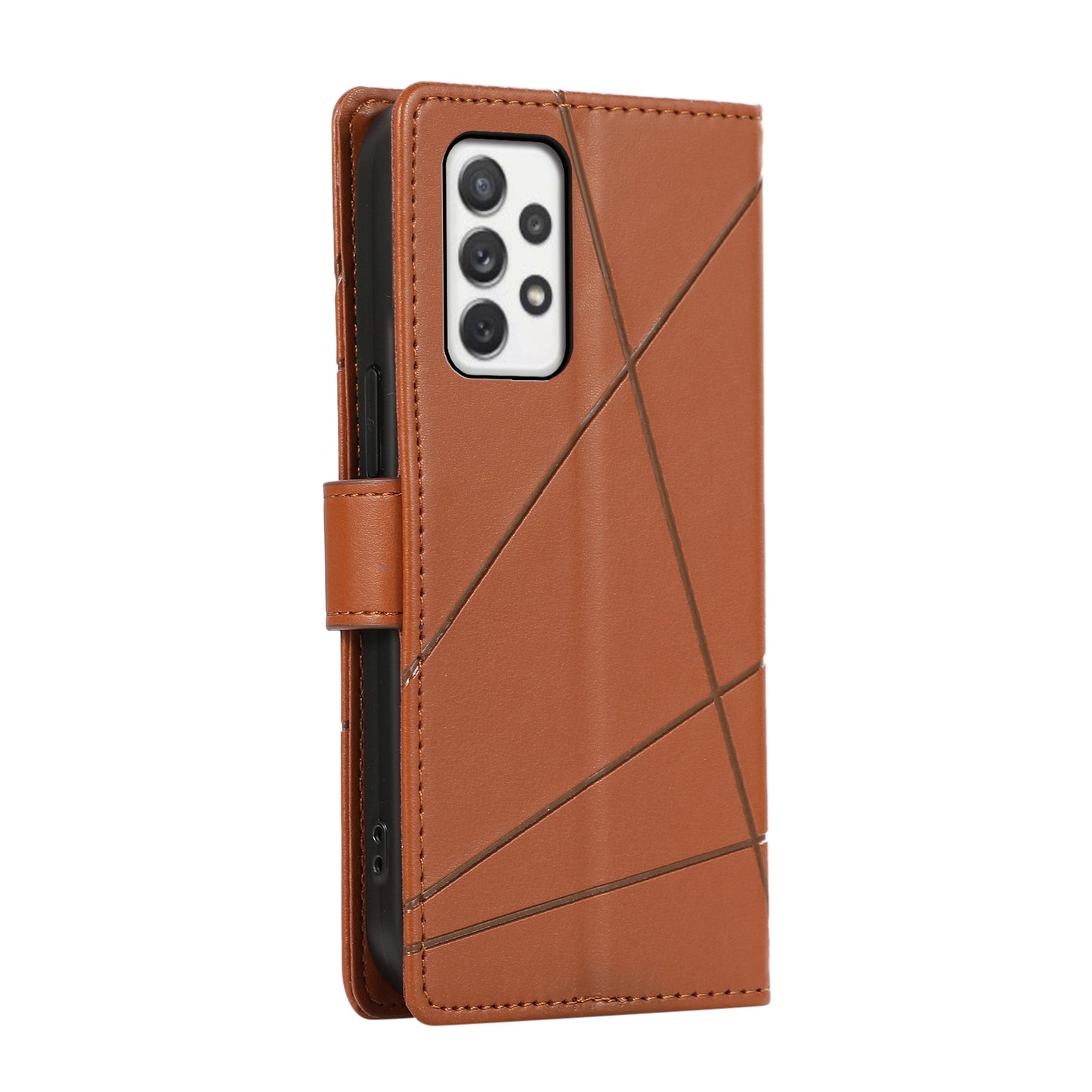 Samsung Galaxy A72 5G PU Genuine Leather Texture Embossed Line Phone Case with Card Wallet, Kickstand & Wrist Strap