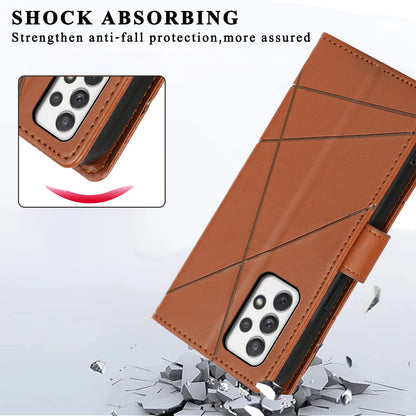 Samsung Galaxy A72 5G PU Genuine Leather Texture Embossed Line Phone Case with Card Wallet, Kickstand & Wrist Strap