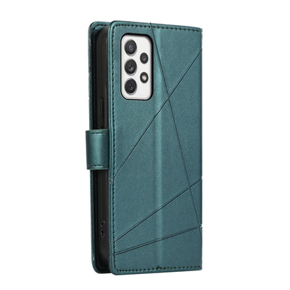 Samsung Galaxy A72 5G PU Genuine Leather Texture Embossed Line Phone Case with Card Wallet, Kickstand & Wrist Strap