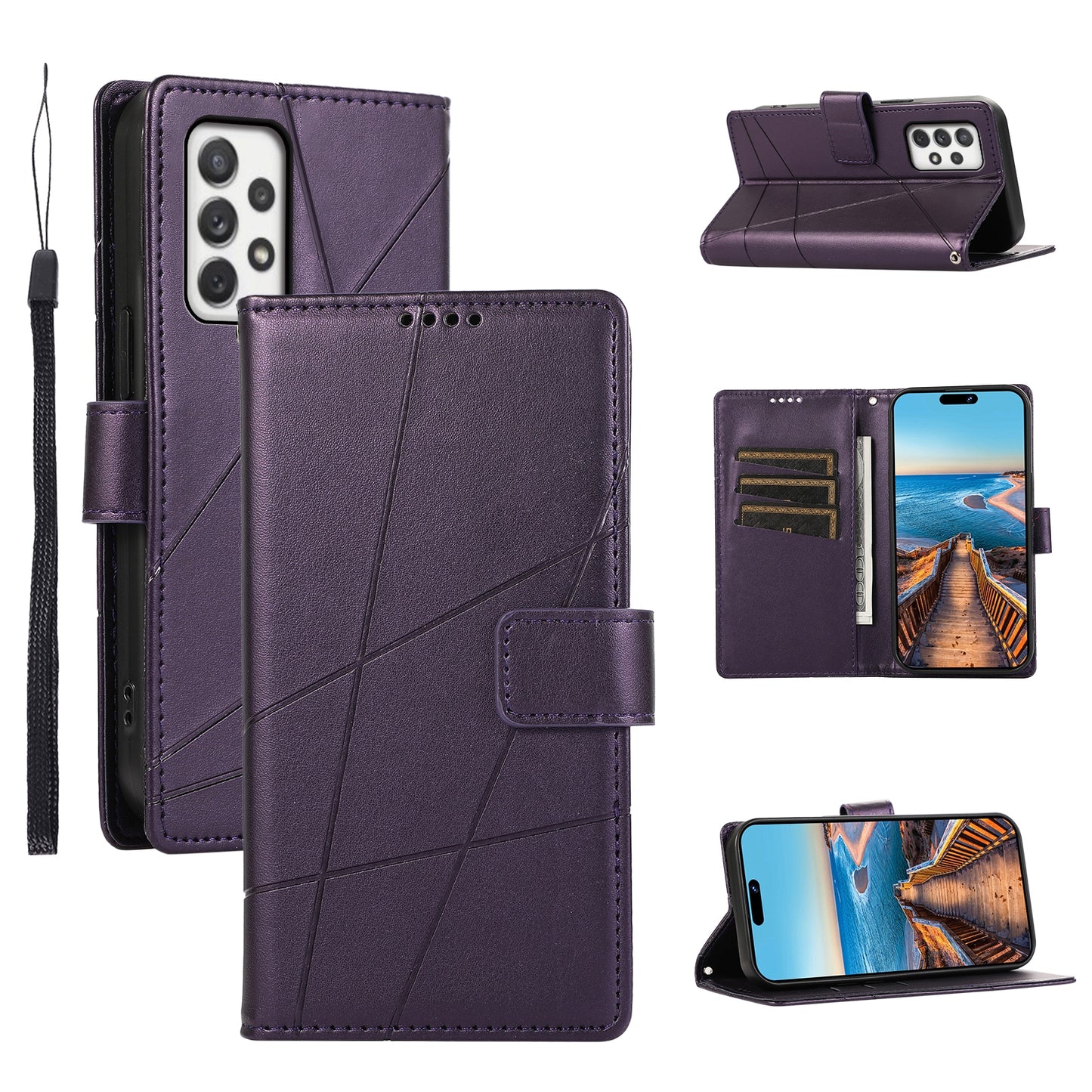 Samsung Galaxy A72 5G PU Genuine Leather Texture Embossed Line Phone Case with Card Wallet, Kickstand & Wrist Strap