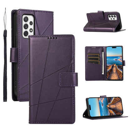 Samsung Galaxy A72 5G PU Genuine Leather Texture Embossed Line Phone Case with Card Wallet, Kickstand & Wrist Strap