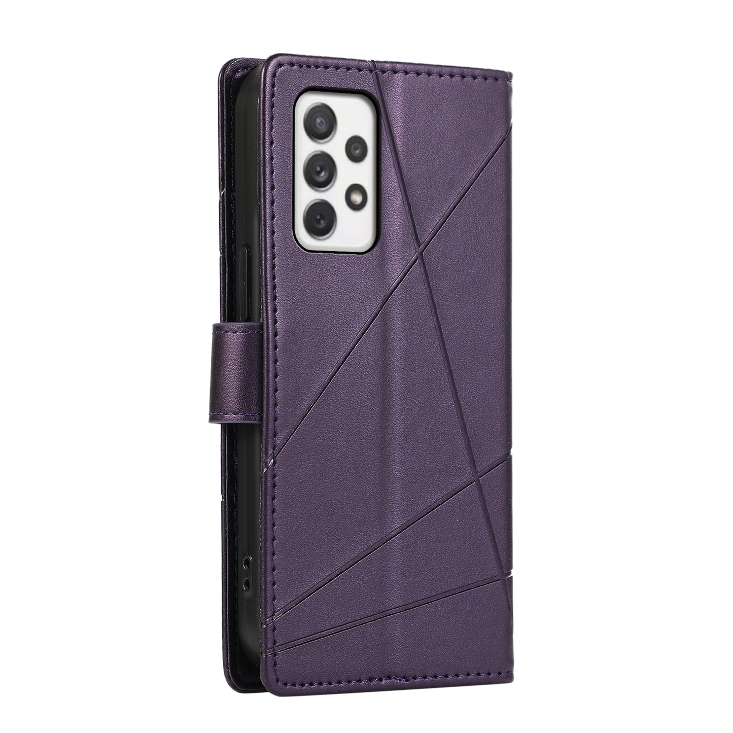 Samsung Galaxy A72 5G PU Genuine Leather Texture Embossed Line Phone Case with Card Wallet, Kickstand & Wrist Strap