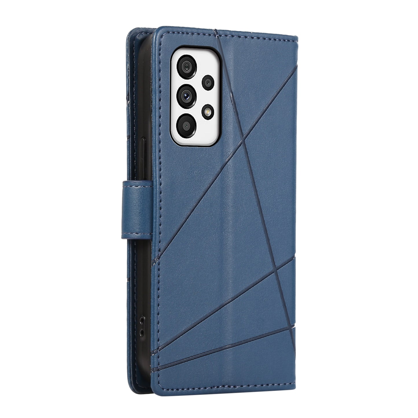 Samsung Galaxy A73 5G PU Genuine Leather Texture Embossed Line Phone Case with Card Wallet, Kickstand & Wrist Strap