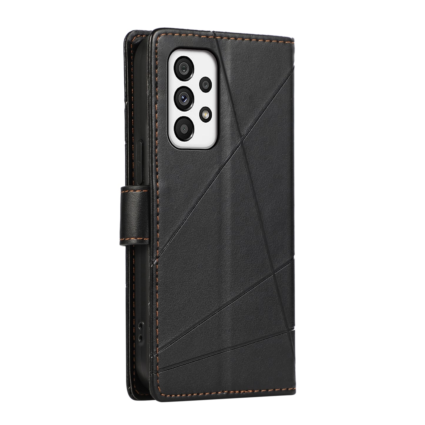 Samsung Galaxy A73 5G PU Genuine Leather Texture Embossed Line Phone Case with Card Wallet, Kickstand & Wrist Strap