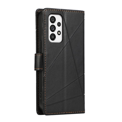 Samsung Galaxy A73 5G PU Genuine Leather Texture Embossed Line Phone Case with Card Wallet, Kickstand & Wrist Strap