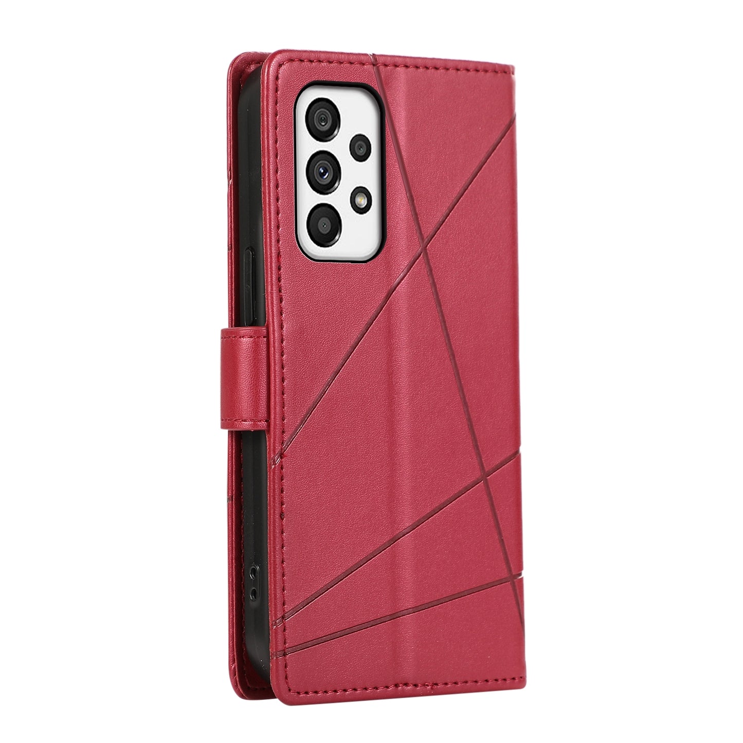 Samsung Galaxy A73 5G PU Genuine Leather Texture Embossed Line Phone Case with Card Wallet, Kickstand & Wrist Strap